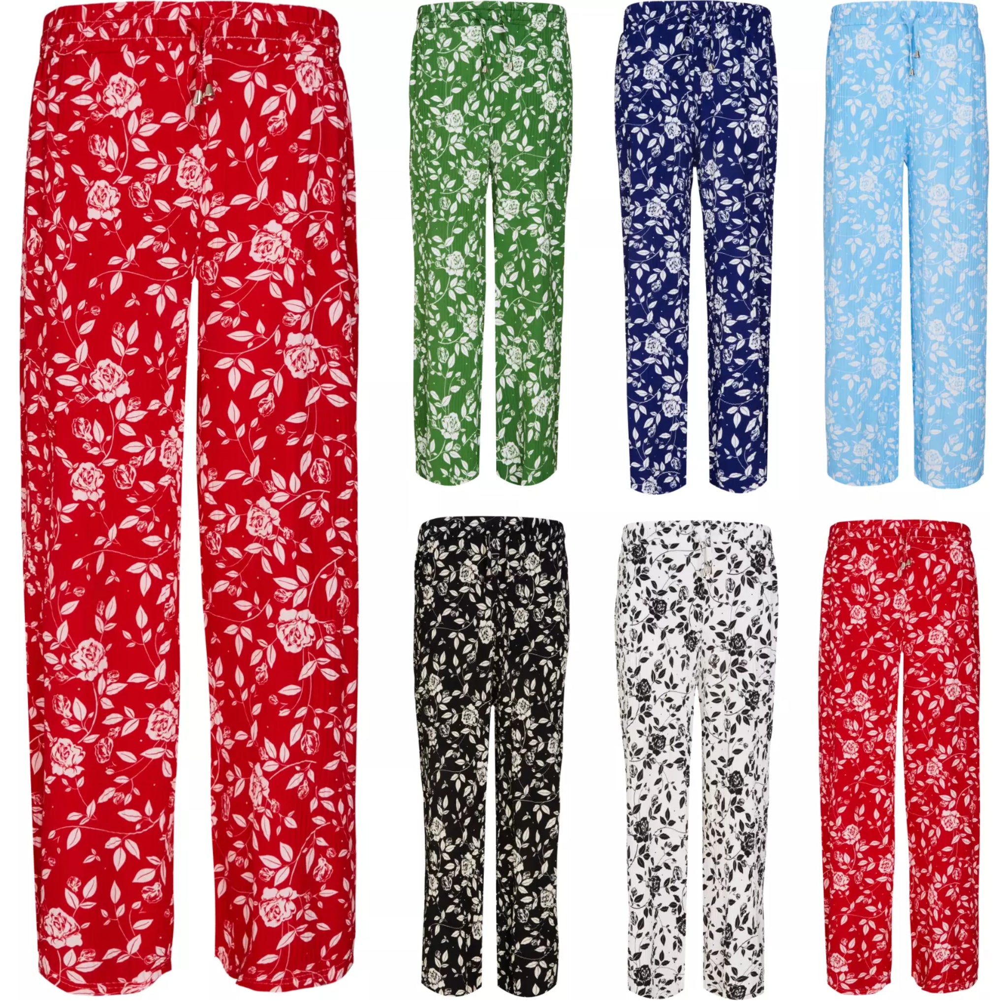 Ladies Soft Touch Black, Red, Green, Navy, Blue and White Palazzo Trousers with White Floral Design – Comfortable Wide Leg Summer Pants
